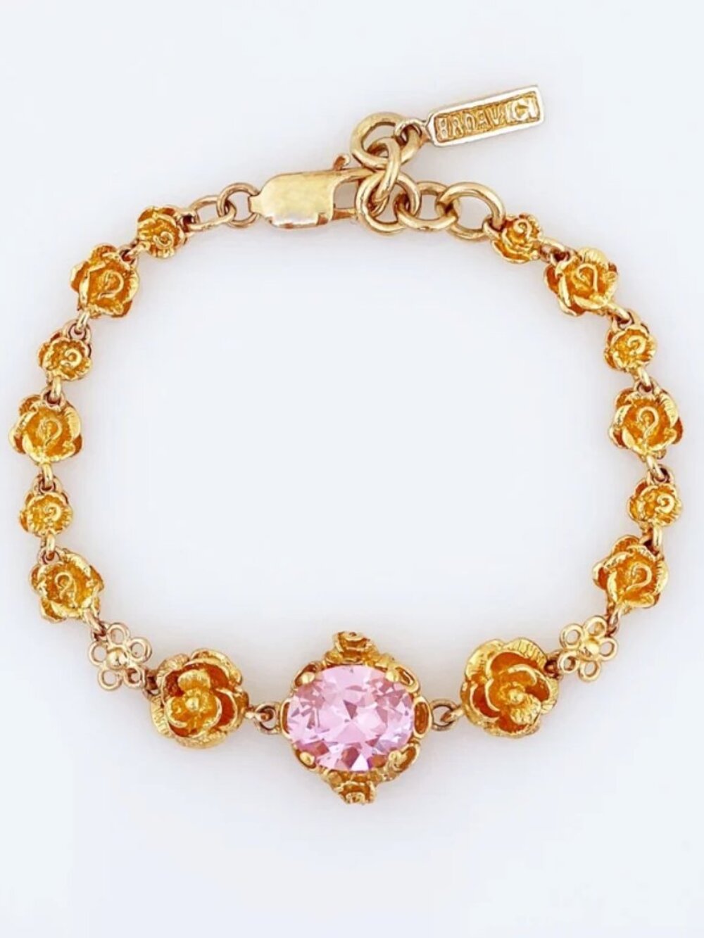 Gold Vermeil Floral Link Bracelet With Rose Pink Cubic Zirconia Badavici 1990s